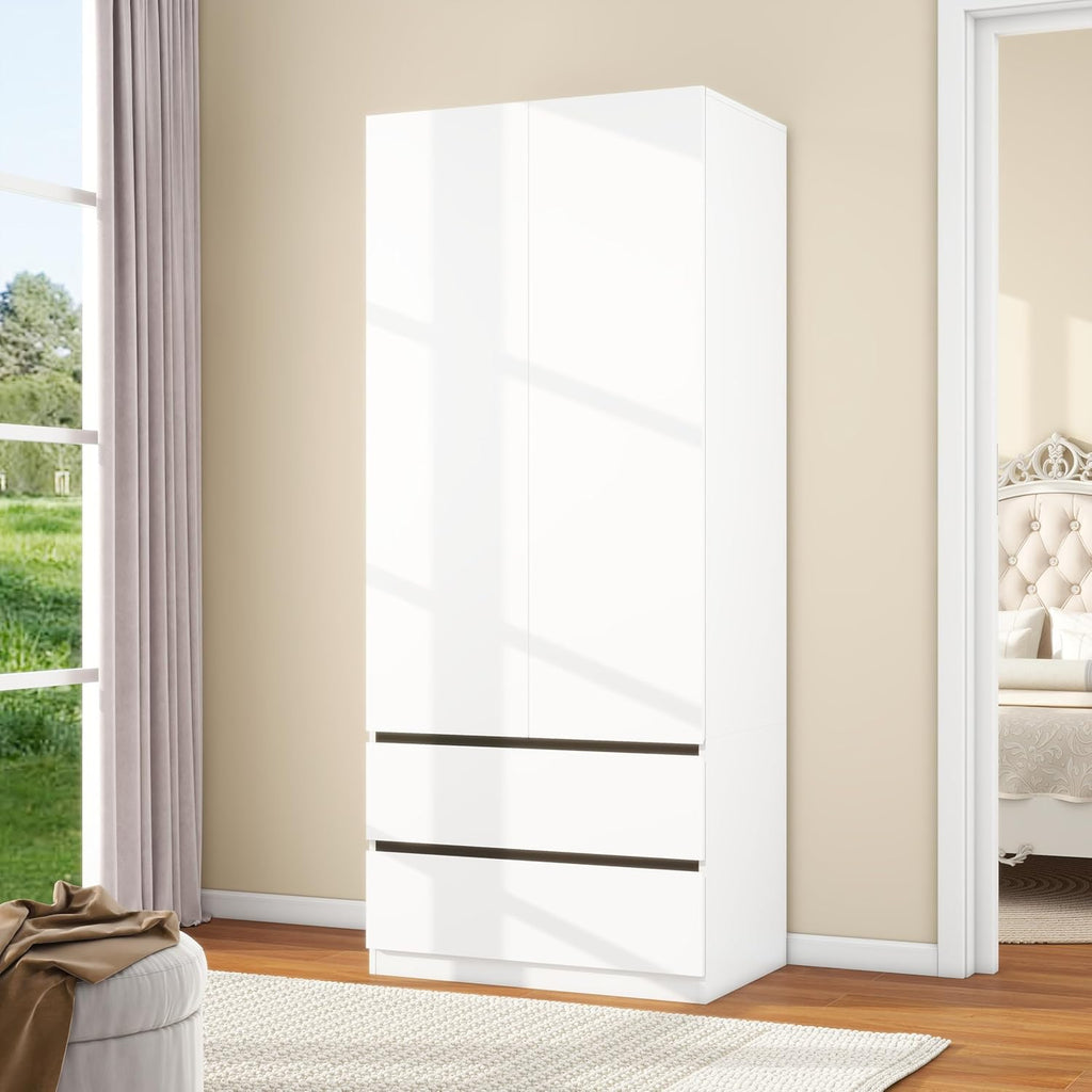 White Wardrobe Closet with Doors: 75" Large Capacity Bedroom Armoire, Wooden Cabinet with 2 Drawers, Hanging Storage