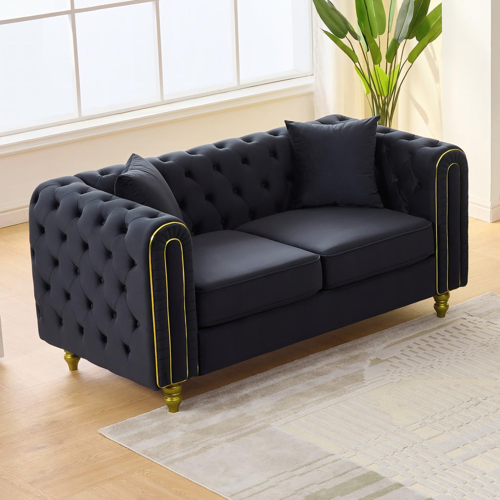 149" Modern Chesterfield Sofa, Luxury 3-Seater Loveseat Set Couch with Button Tufted Rolled Arms and Gold Pine Legs