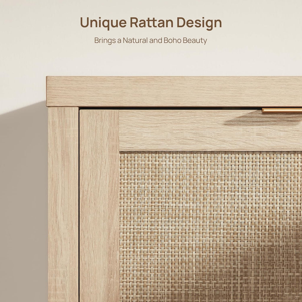 Rattan Buffet Cabinet with Storage 43.5" Sideboard Cabinet with 3 Doors & Adjustable Shelves Wood Sideboard Credenza