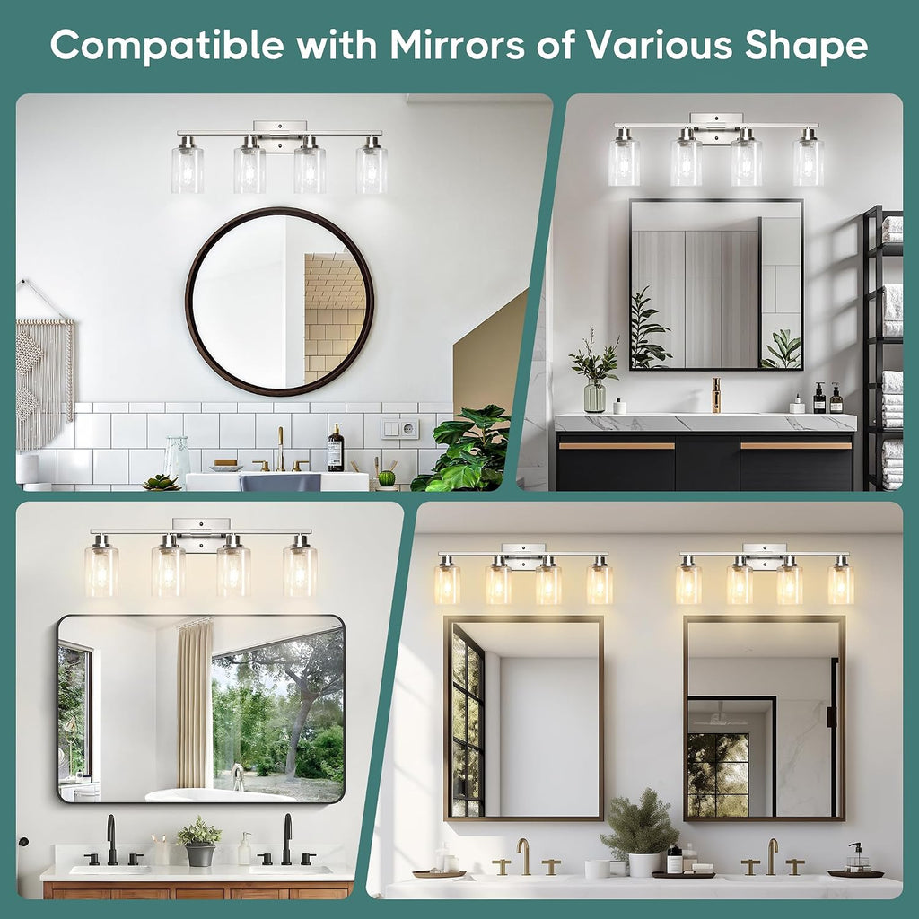 Bathroom Light Fixtures, 4-Light Vanity Light Over Mirror, Brushed Nickel Wall Sconces with Clear Glass Shades, Wall