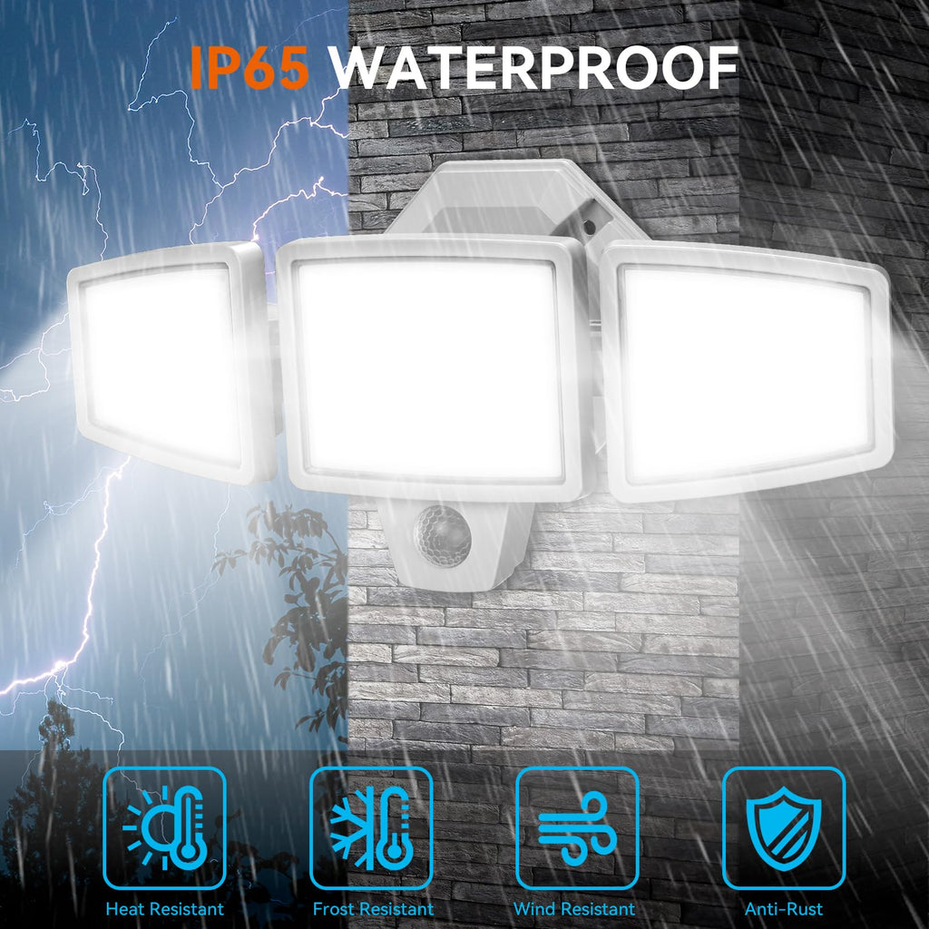 LED Security Lights Motion Sensor Outdoor Lights, 6500K Daylight, IP65 Waterproof, Dusk to Dawn, 3-Head Motion