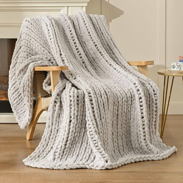 Chunky Knit Blanket Throw 50"x60", 100% Hand Knitted Chenille Throw Blanket, Cozy Soft Thick Cable Knit Throw Large