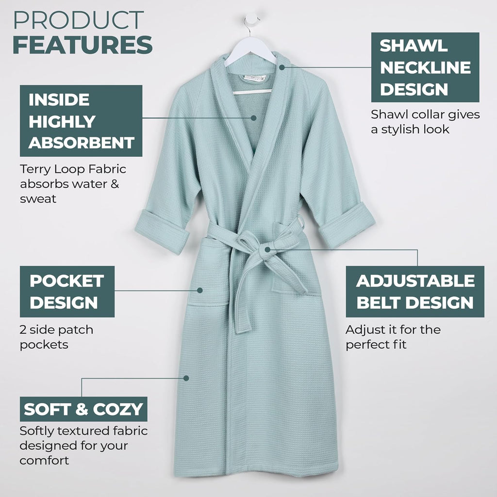 Waffle Weave Cotton Unisex Bathrobe with Belt, Soft and Absorbent Robe for Men and Women Bath Essentials Robes
