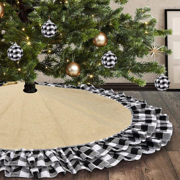Burlap Halloween Tree Skirt, 48'' Buffalo Plaid Black and White Decorations