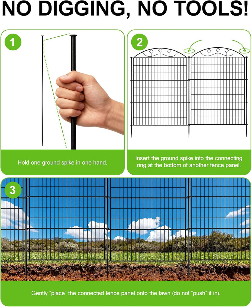 10 Panels 33in H x 29in L Garden Fence, 24ft L Black Metal No Dig Fence Temporary Animal Barrier for Dogs & Rabbits