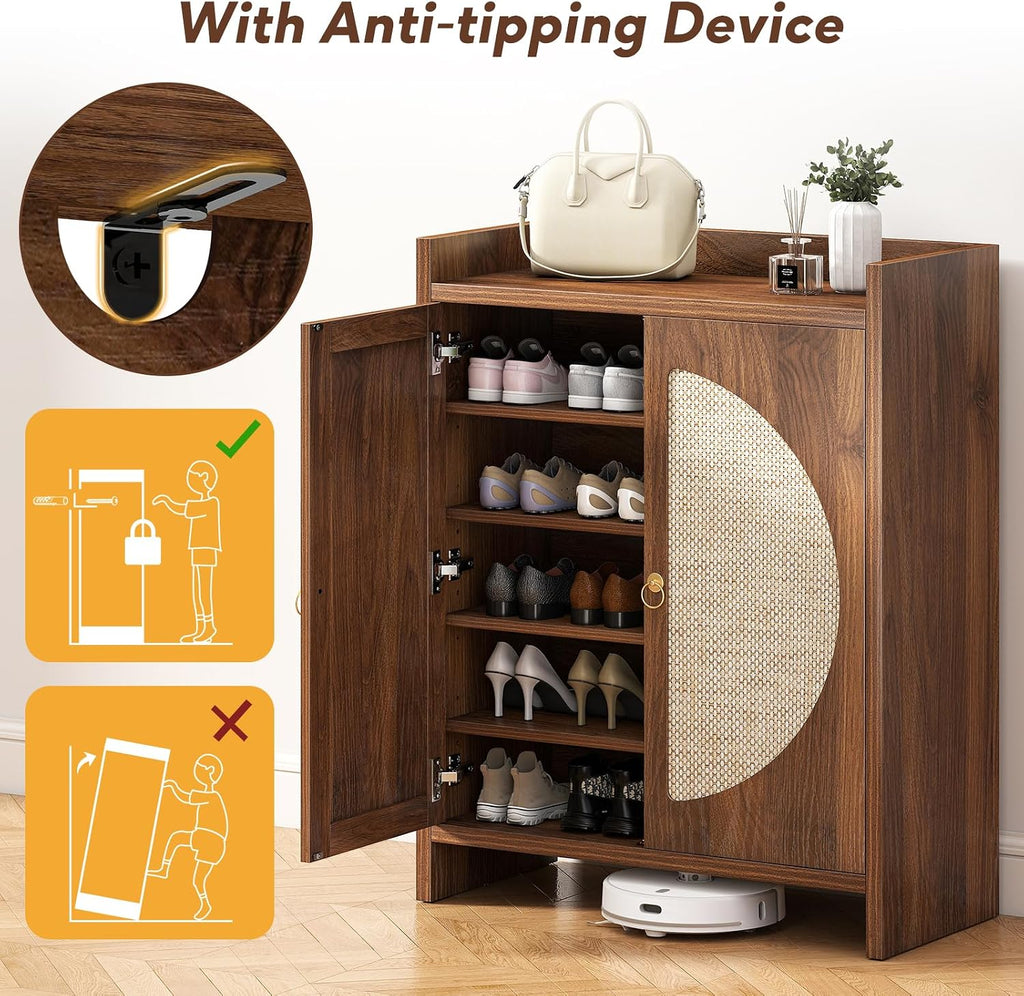 Shoe Cabinet Storage - Rattan Entry Way Shoe Storage Cabinet with Adjustable Shelves, Wood Shoe Organizer Cabinet