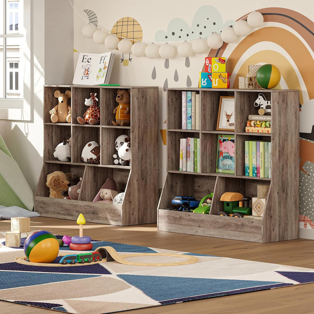 Toy Storage Organizer, Kids Cubby Cabinet with Bookshelf, 8-Cube | 3-Tier Wood Toy Book Shelf, Anti-Tip Structure