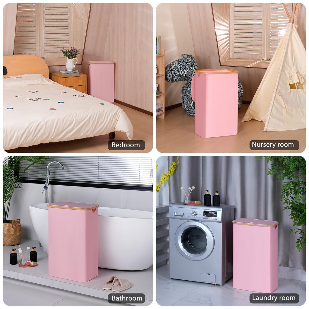 100L Laundry Hamper with Lid, Lagre Basket with Bamboo Handles,Foldable Clothes Hamper Tall Dirty Laundry Basket for