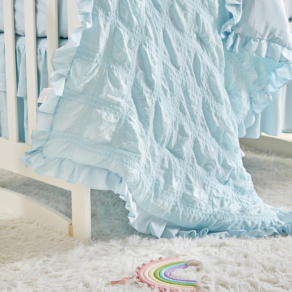Ruffled Crib Bedding Set Baby Boho Quilted Comforter with Fitted Sheet and Bed Skirt - Cute Soft Breathable