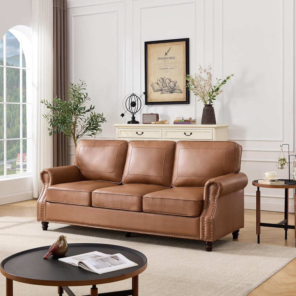 Kingfun Mid-Century Modern Couch, Faux Leather Sofa, 3 Seater Couch for Living Room with Rolled arms & Nailhead Trim