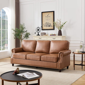 Kingfun Mid-Century Modern Couch, Faux Leather Sofa, 3 Seater Couch for Living Room with Rolled arms & Nailhead Trim