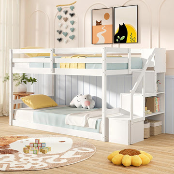 Twin Over Twin Bunk Bed with Stairs, Solid Wood Floor Bunk Bed with Storage Staircase & Full-Length Guardrails