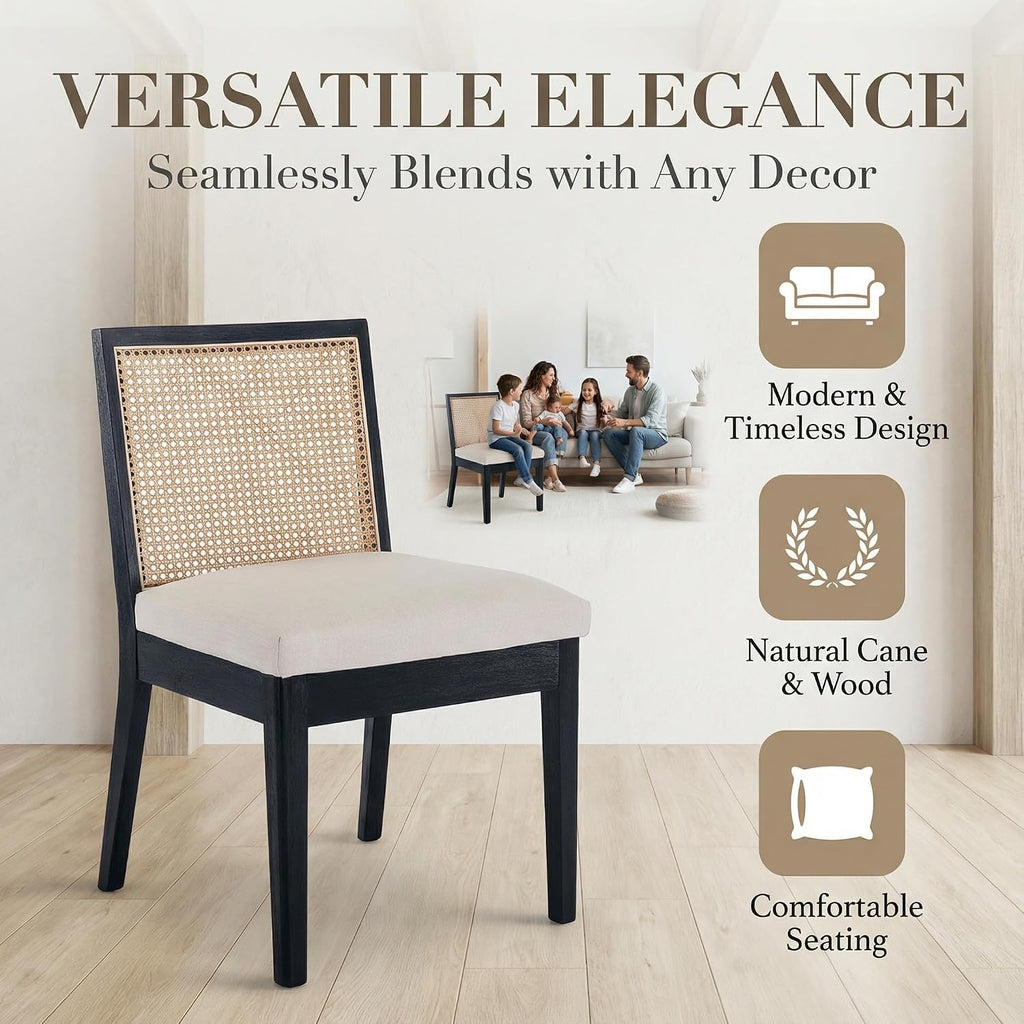 Upholstered Dining Chairs with Square Rattan Back, Armless Padded Linen Cream Cushion Dining Chairs with Wood Legs