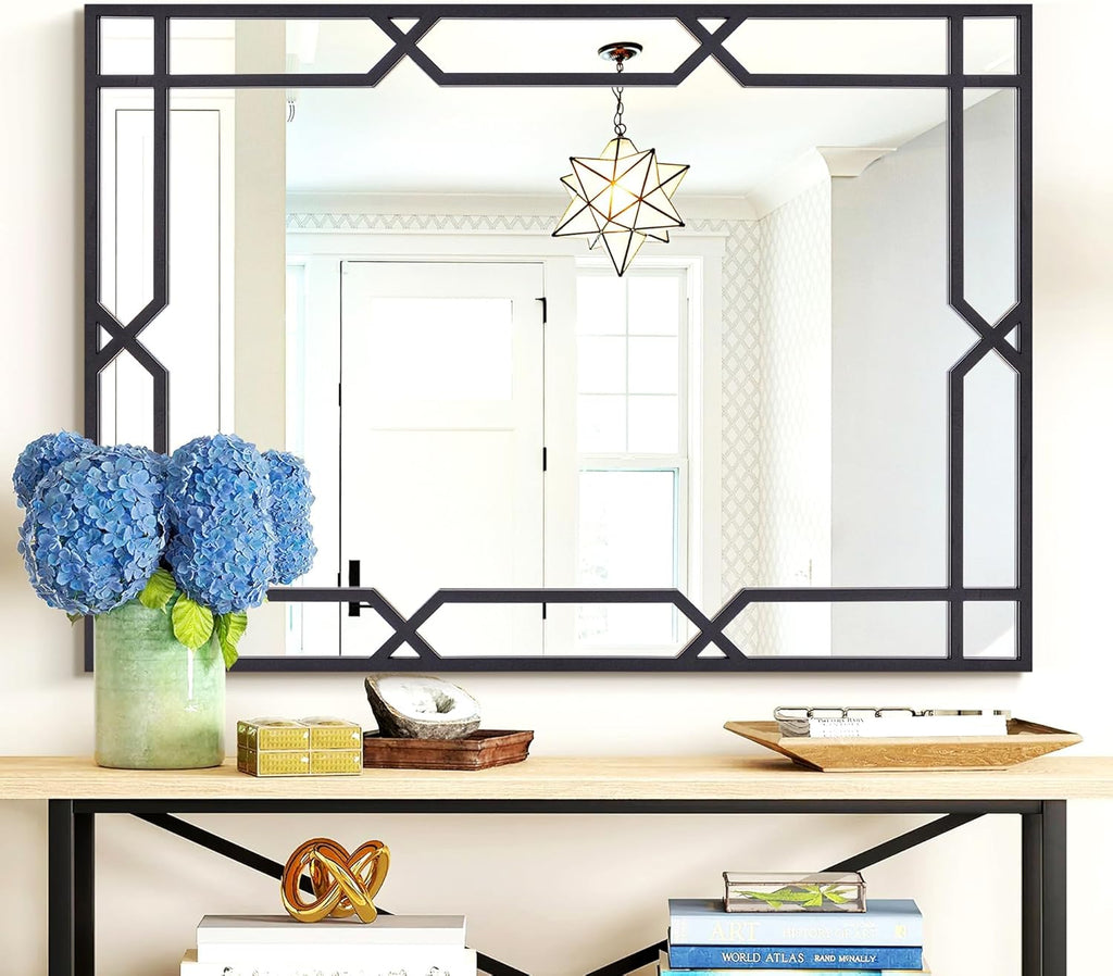 Large Living Room Mirror for Decor, 28" x 40" Rectangle Bathroom Mirror with Matte Black Metal Pipe Frame, Modern Wall