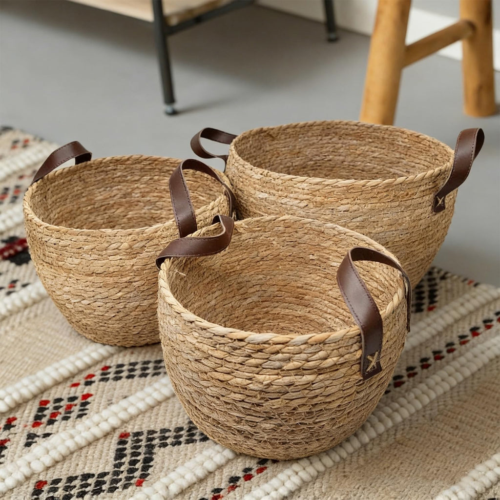 Round Seagrass Storage Baskets Woven Wicker Planter Baskets for Decor | Decorative Basket for Blankets, Plants