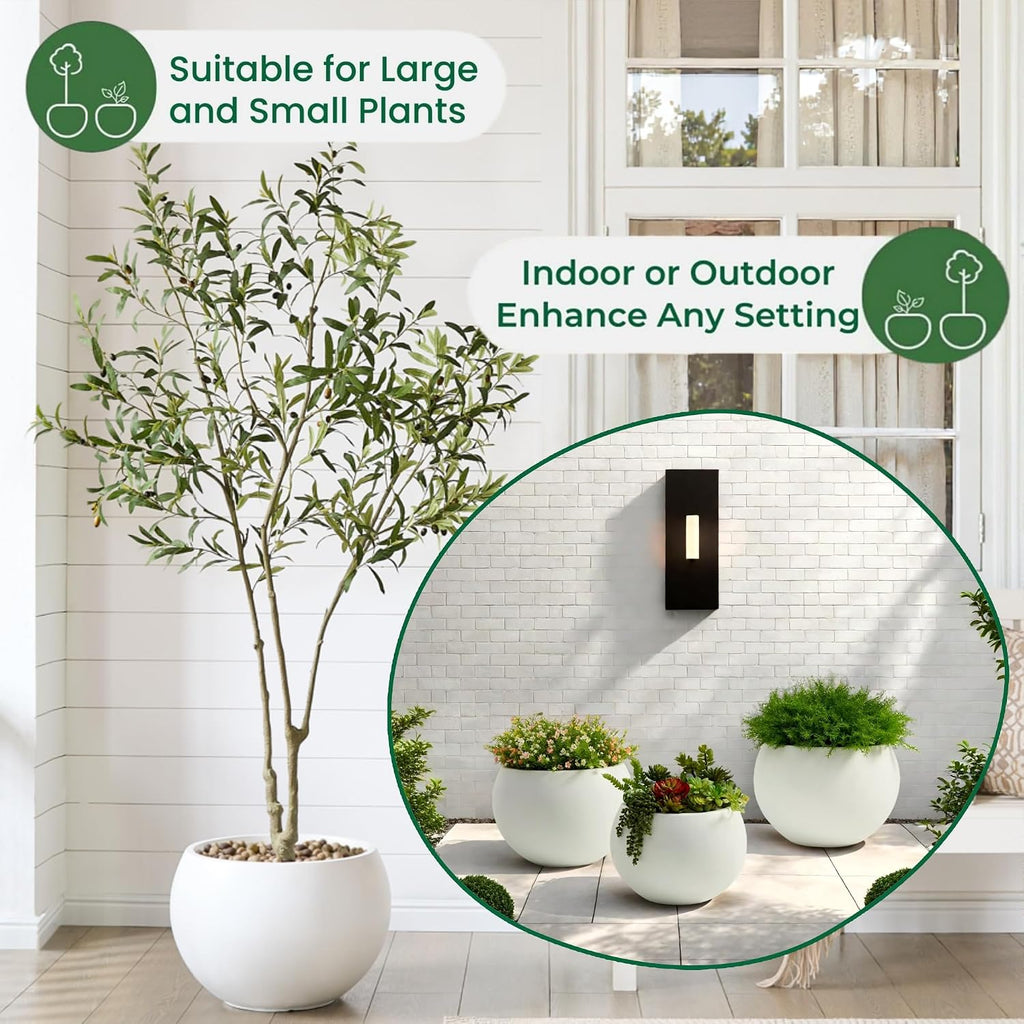 19.3"Dia x 13"H Large Fiberstone Sphere Planter, White Round Pot | 15" Opening, Drainage Hole & Plug, Wheathered