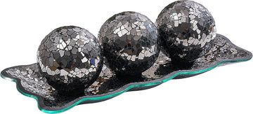 12.4" Mosaic Glass Decorative Tray Dish Plate with 3pcs 3" Decorative Orbs Balls Sphere Decor or Dining Table Coffee