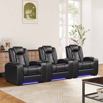Power Theater Recliners Set of 3, Electric Home Theater Seating, Black Faux Leather Recliner with Adjustable Headrest, Movie Recliner Theater Chairs with LED,USB, Cup Holders, Hidden Arm Storage