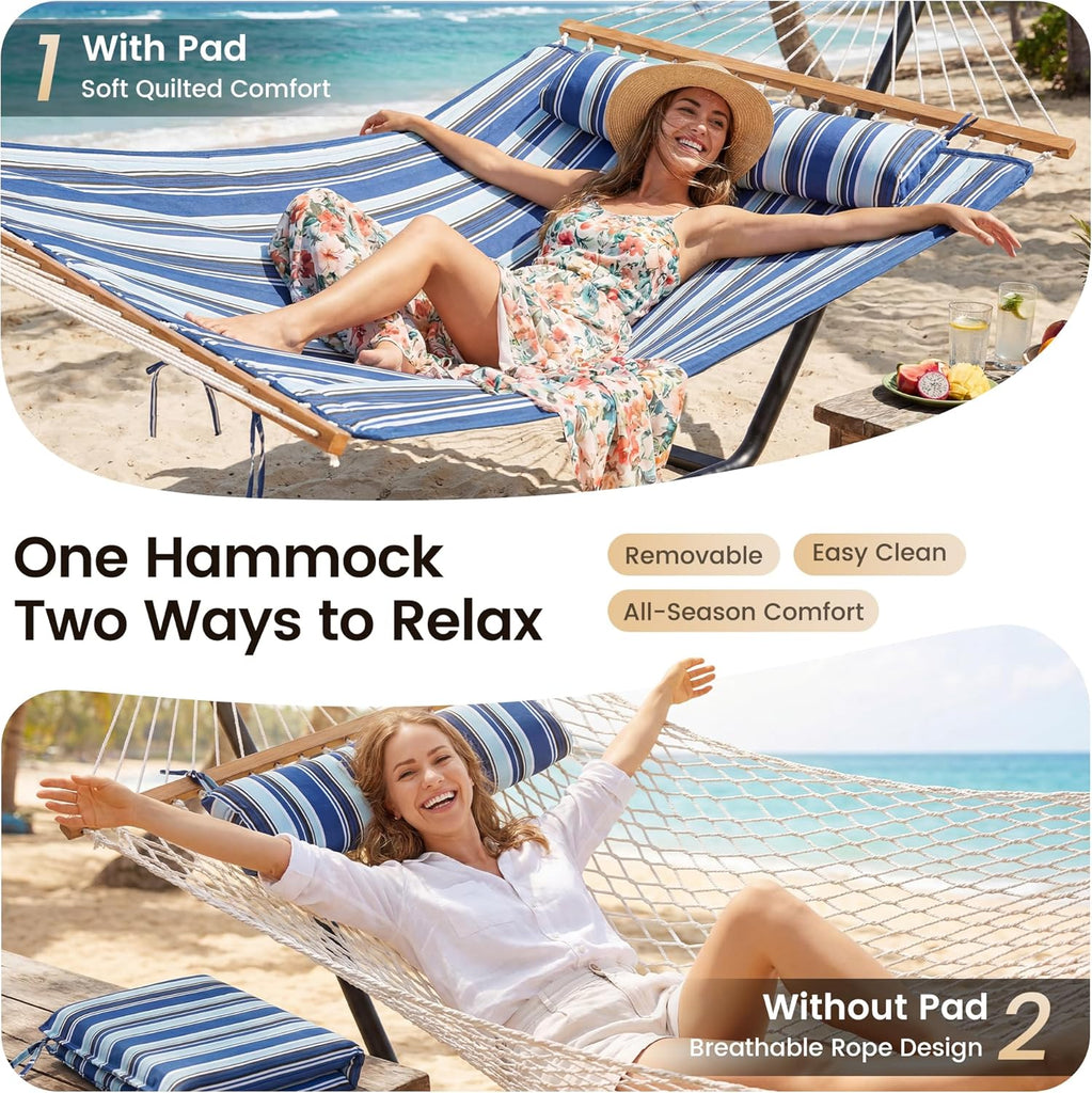2 Person Hammock with Stand, Heavy Duty Double Cotton Rope Hammock with Removable Quilted Pad & Pillow, 500 LBS