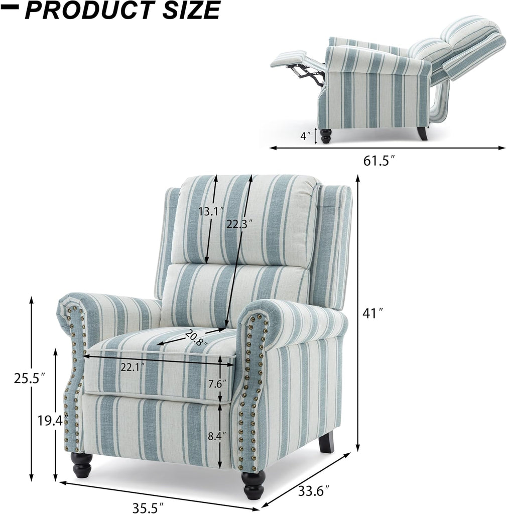 Recliner Chair, Modern Pushback Armchair with Adjustable Backrest & Footrest (Blue Stripe,Set of 2)