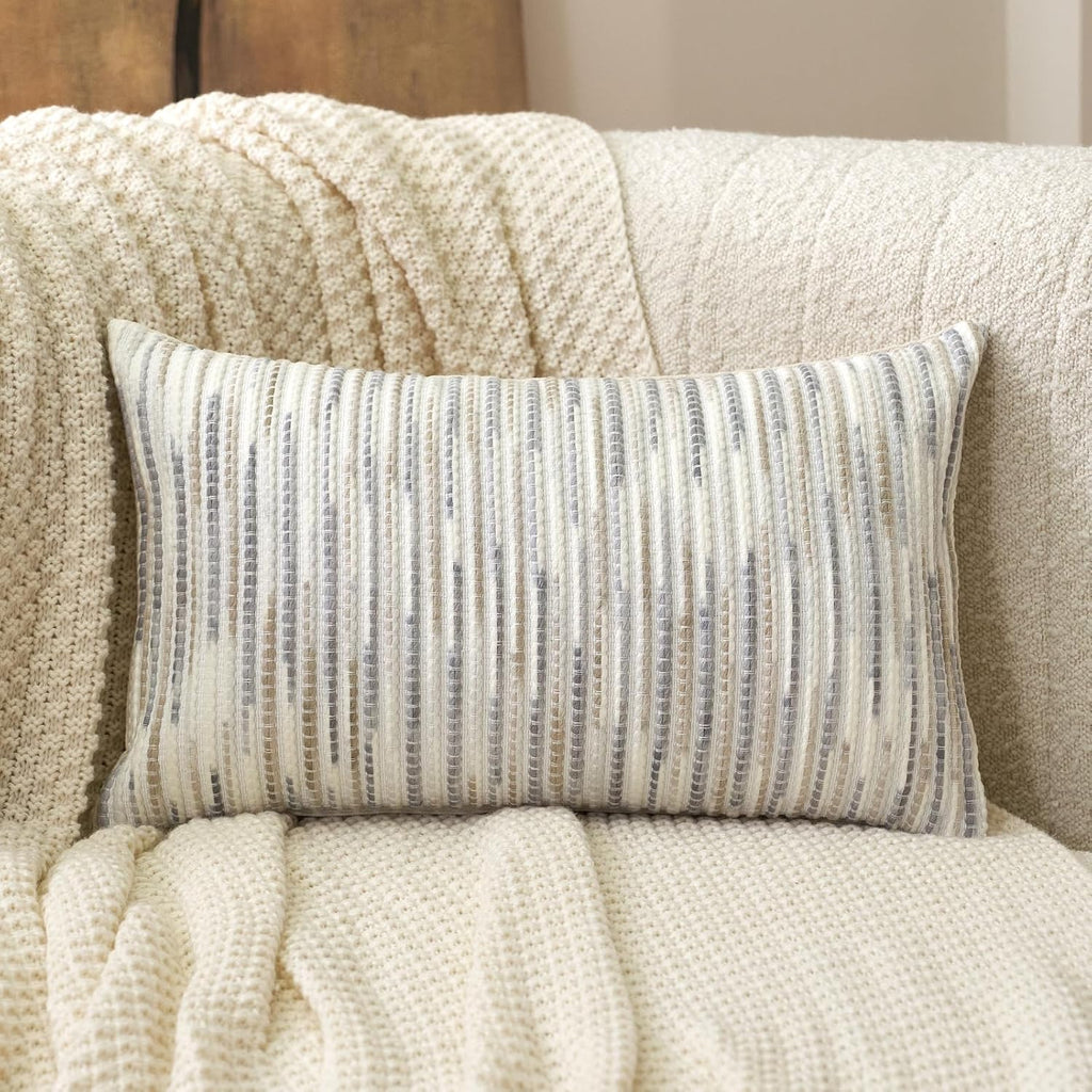 Boho Striped Pillow Cover 12x20, Rectangle Decorative Lumbar Throw Pillow Cover Chenille Neutral Pillowcase, Gray White