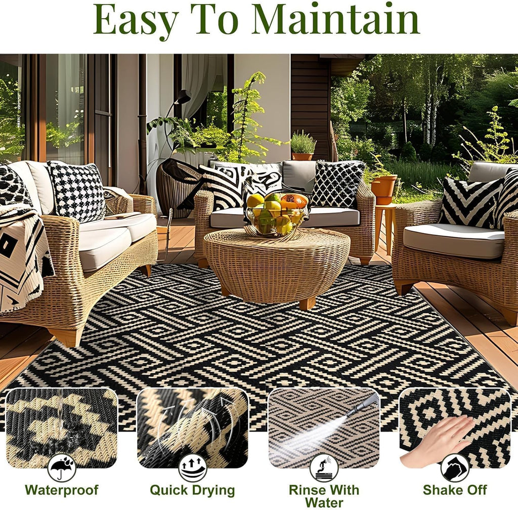Outdoor Rug 9x12, Plastic Straw Rug, Beige & Black