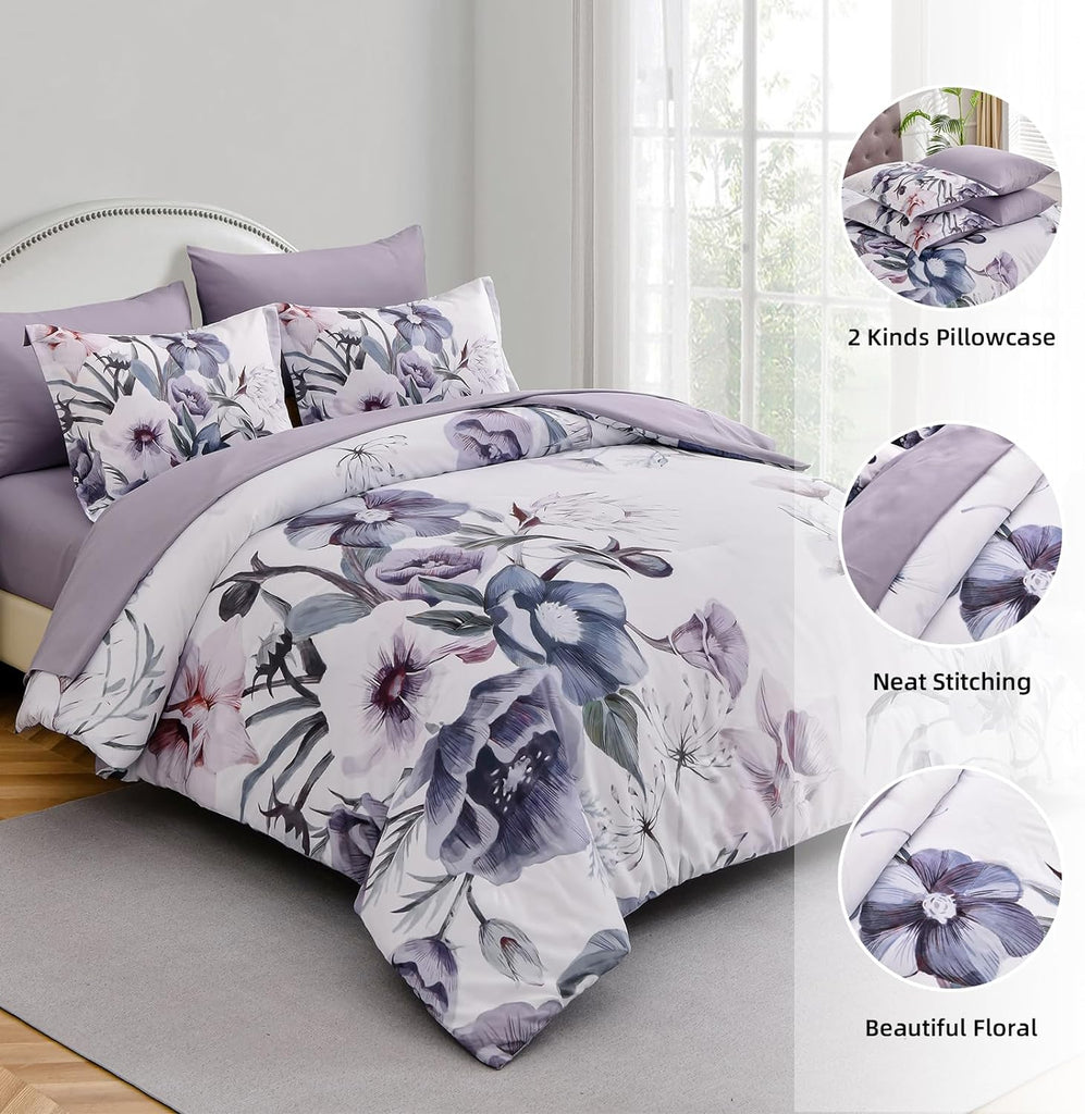 Floral Comforter Set Queen 7 Piece, Purple Flower Bed in a Bag, Elegant Floral Comforter with Sheet Set