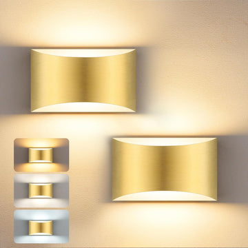 Modern LED Wall Sconce Set of 2, Gold Indoor Wall Lighting Fixture with 3 Colors Temperatures, 10W Up/Down Hardwired