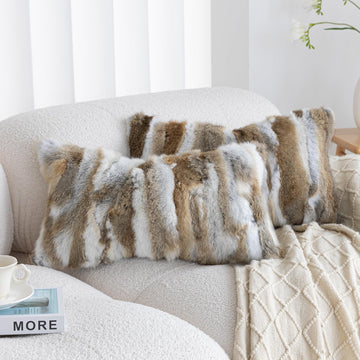 Genuine Rabbit Fur Pillow Covers Set of 2, Luxury Decorative Throw Pillowcases Fluffy Animal Skin Accents Bolster