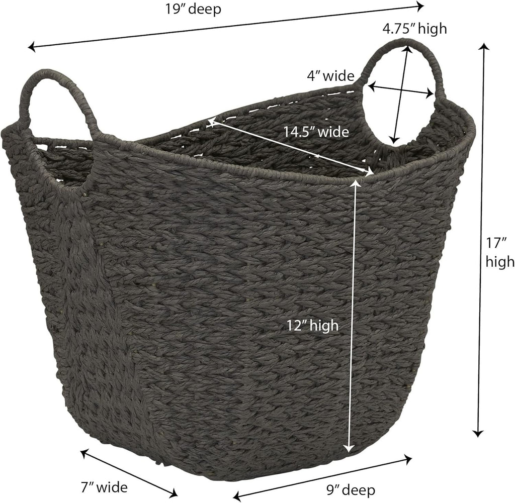Handwoven Paper Rope Storage Basket with Metal Frame and Handles, Gray