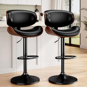 Swivel Bar Stools Set of 2 Counter, Adjustable Bentwood Barstools, Modern PU Leather Upholstered Bar Chair with Back
