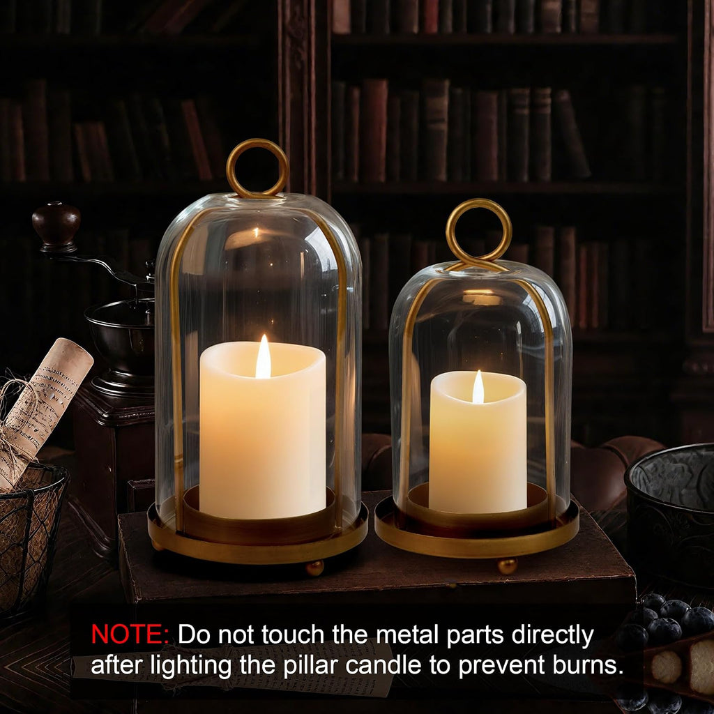 Glass Hurricane Candle Holder Decorative Gold Candle Lantern, Pillar Candlestick Holders Set of 2, Hanging Metal