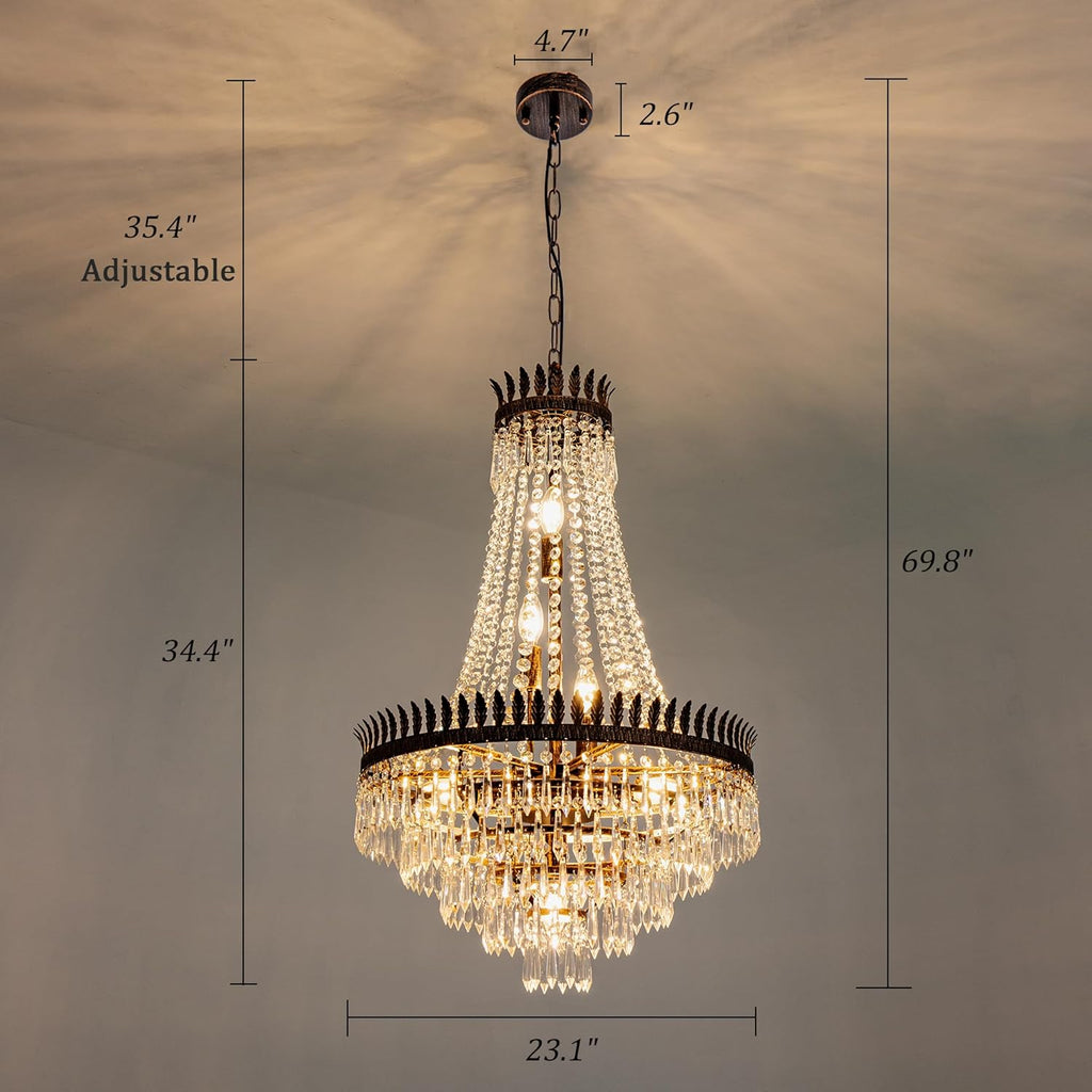 Crystal Chandelier, 7 Lights French Empire Crystals Chandelier for Dining Living Room, Rustic Farmhouse Chandelier Adjustable Antique Bronze Pendant Lighting Fixture for Bedroom, Kitchen, Foyer