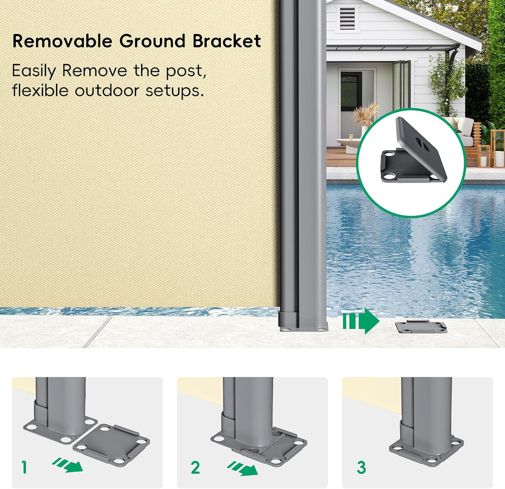 Retractable Side Awning Aluminum Patio Privacy Screen with Removable Base, Weather Resistant Outdoor Sun Shade for