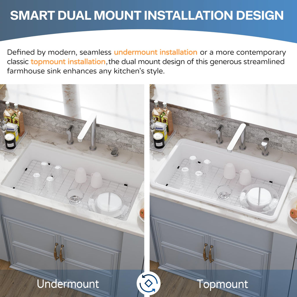 33 White Undermount Workstation, Topmount & Undermount 33x19 inch White Porcelain Ceramic Fireclay Sinks Dual Mount