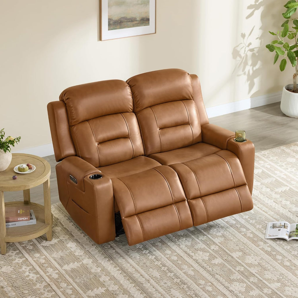 Genuine Leather Power Loveseat Recliner Sofa, Lay Flat Loveseat Reclining Sofa with Power Headrest, Cup Holders, USB