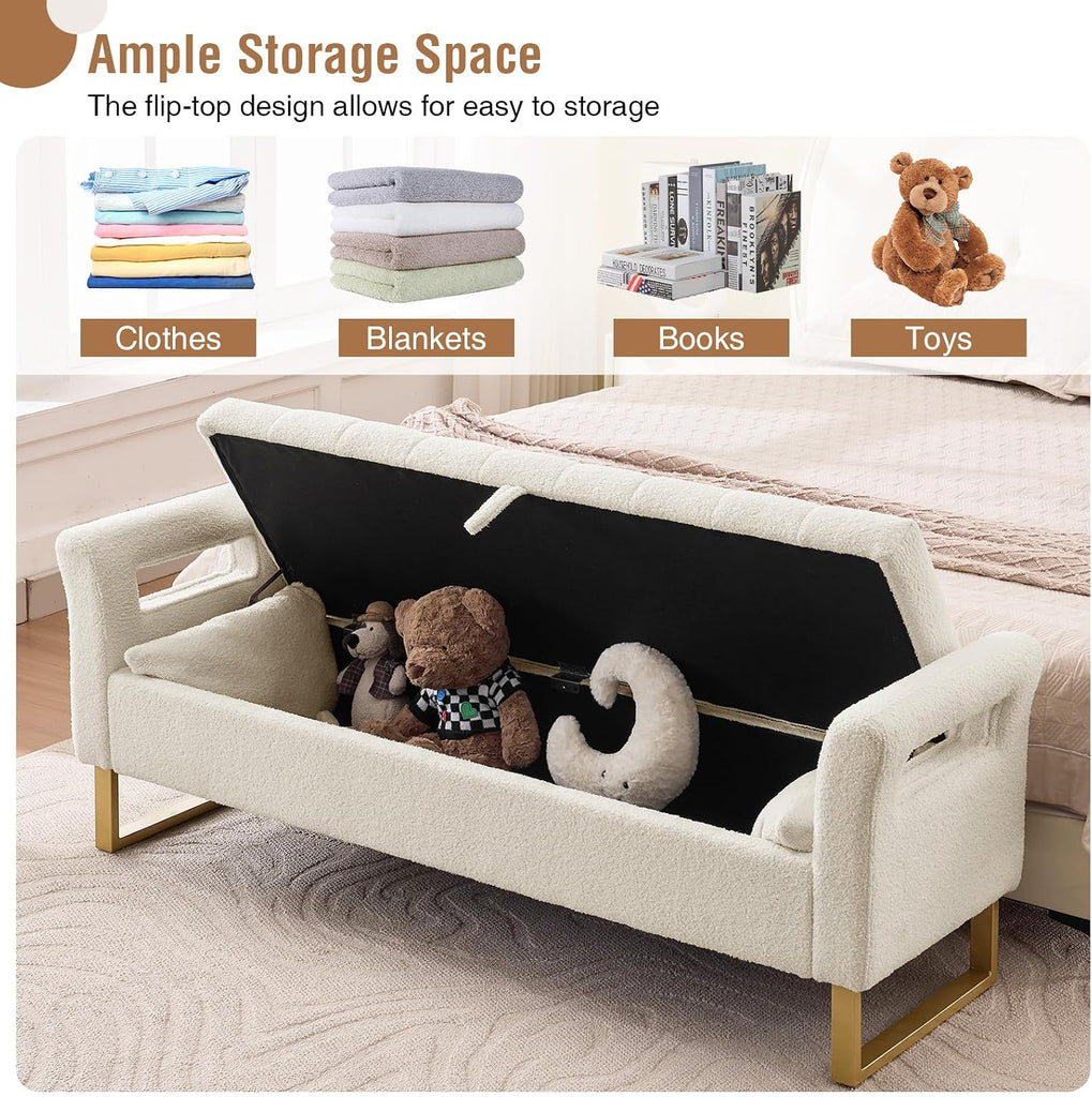 66" King Size Storage Bench End of Bed Benches with Storage | Bedroom Benches for Foot of Bed King with Gold Legs,2