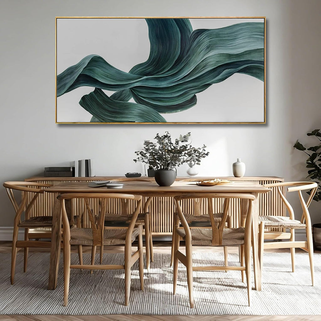 Green Abstract Canvas Wall Art, Large Framed Artwork with Wooden Frame, Pictures Wall Decor, Contemporary