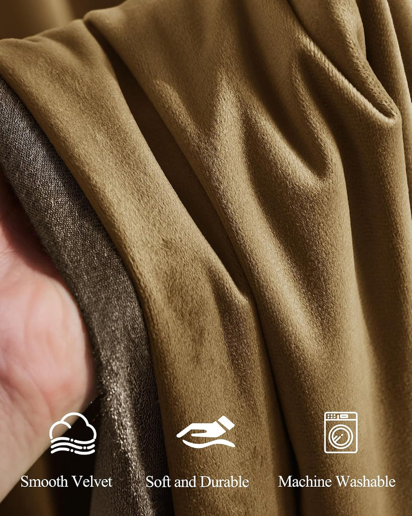 Pinch Pleated Curtains (Set of 2 Panels), Luxury Gold Brown Velvet Bedroom Curtains with Adjustable Hooks Back Tab Thermal Insulated