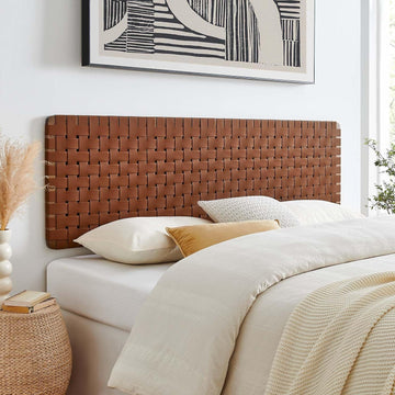 Leather Weave King Headboard in Walnut Brown, Faux Leather King Headboard Only with Wall Mount Design