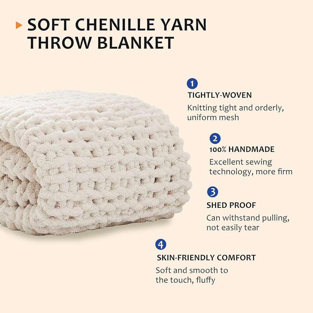 Chunky Knit Blanket Throw,Soft Chenille Yarn Throw Blanket 50x60，Handmade Cable Knit Crochet Blanket,Large Knit