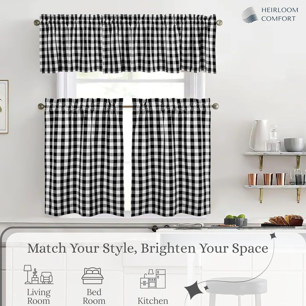 Black & White 3 Piece Gingham Tier and Valance Set - Semi Sheer Window Curtain 2 Tiers 26"x36" & 54"x18" Valance, Rod
