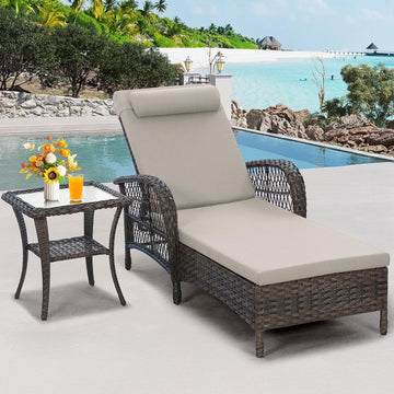 Outdoor Wicker Chaise Lounge Chair with Side Table, All-Weather Patio Lounger Chaise Sunbathing Reclining Chairs with