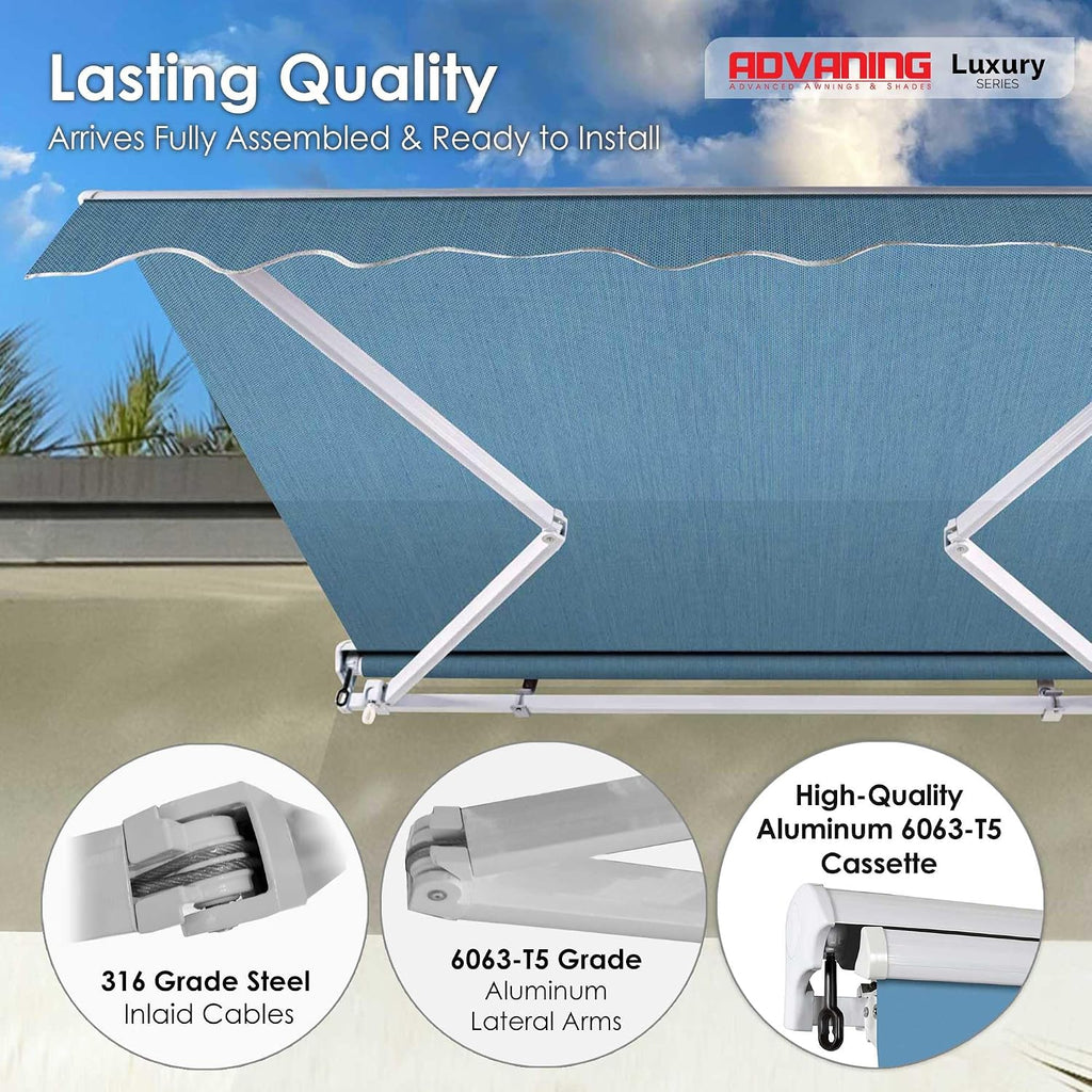 Luxury Series, 16'x10' Electric Retractable Awning, Premium Quality Fully Assembled UV+ Sun Shade Canopy, Cerulean