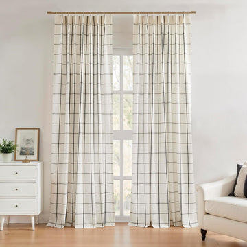 Black Plaid Pinch Pleat Semi Sheer Checkered Linen Blended Window Curtain Drape for Farmhouse Living Room