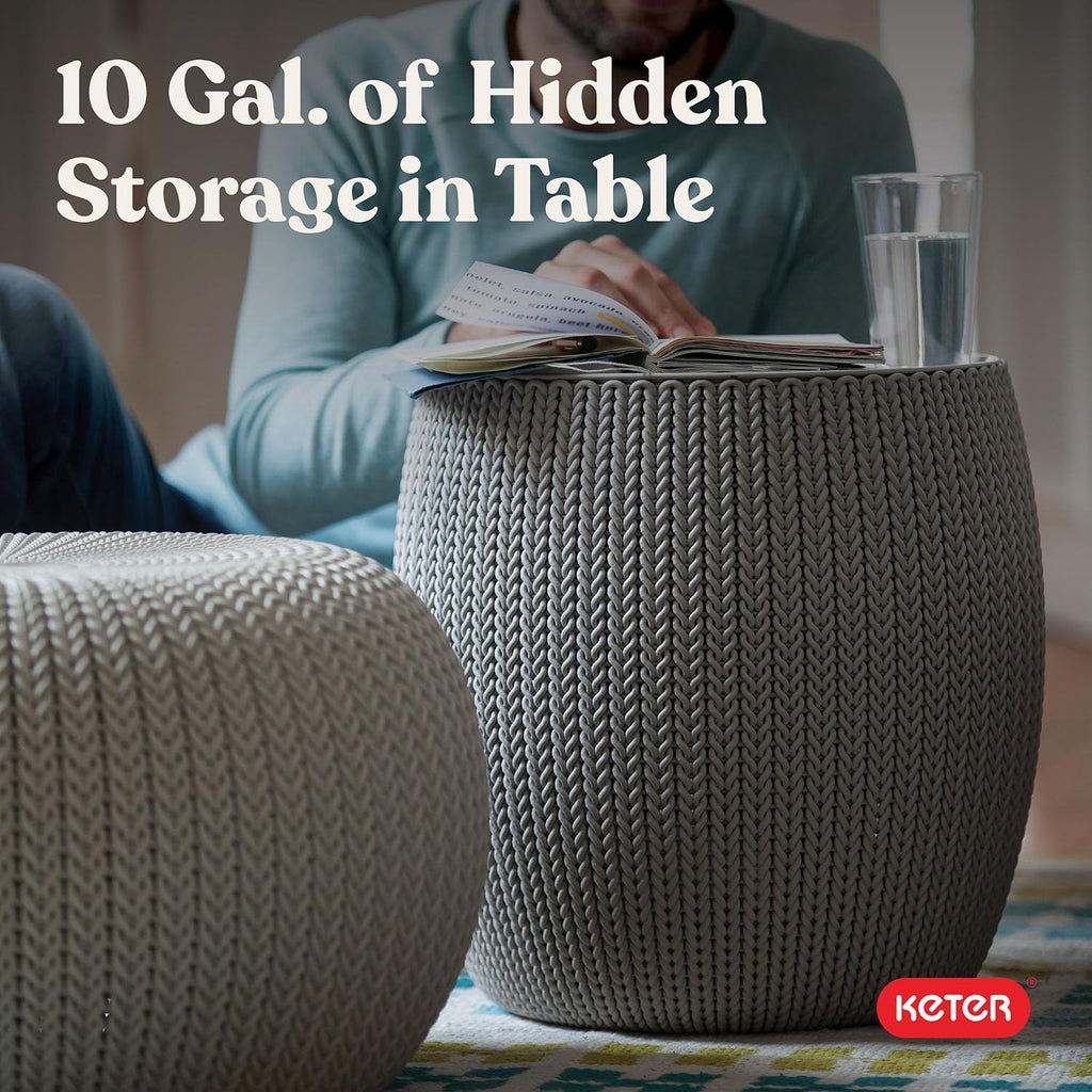 Urban Knit Pouf Ottoman Set of 2 with Storage Table and Room Décor - Perfect for Balcony, Deck, and Outdoor Seating