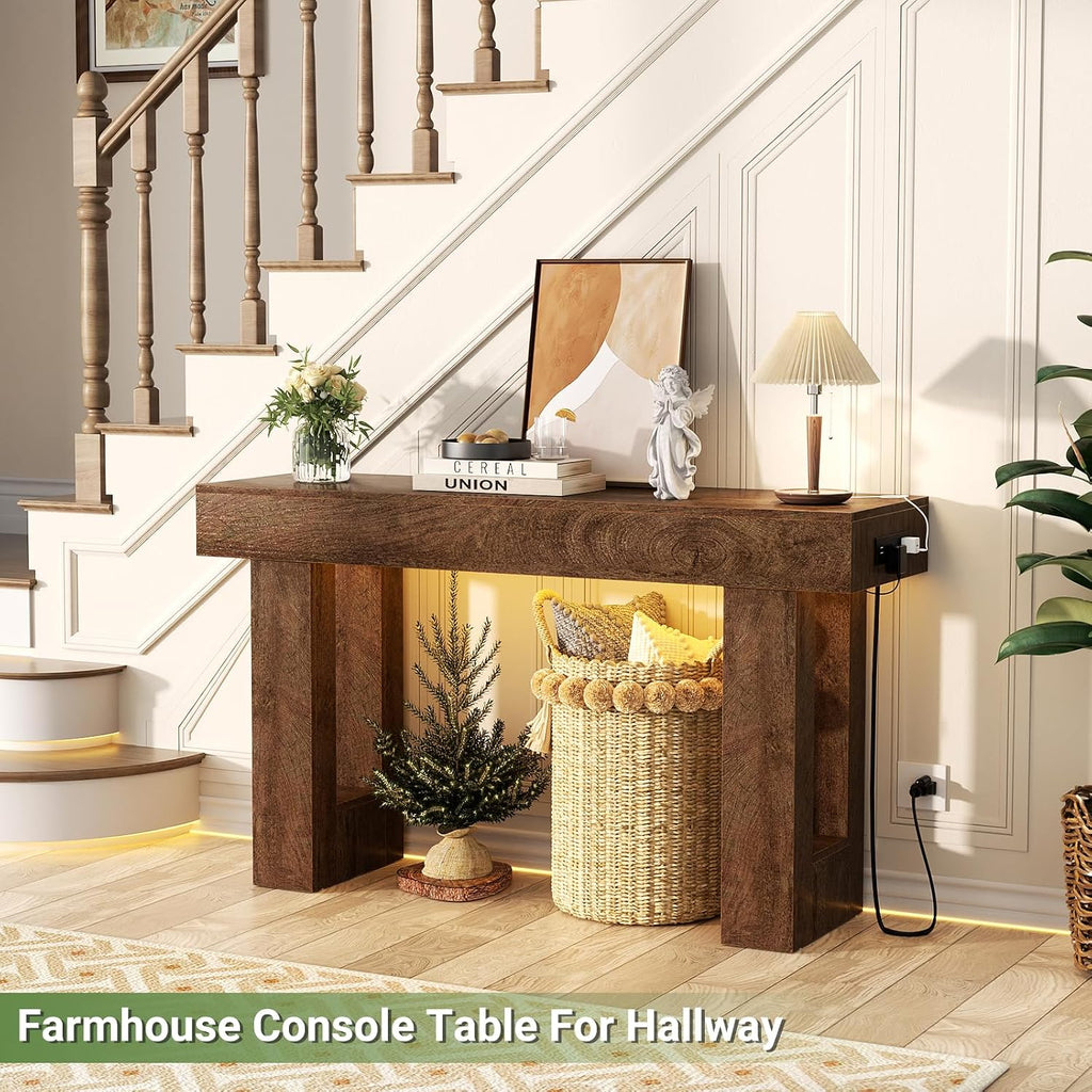 47" Entryway Table with Socket and Sensor Light, Narrow Console Table with Storage Behind Couch, Farmhouse Entry Way