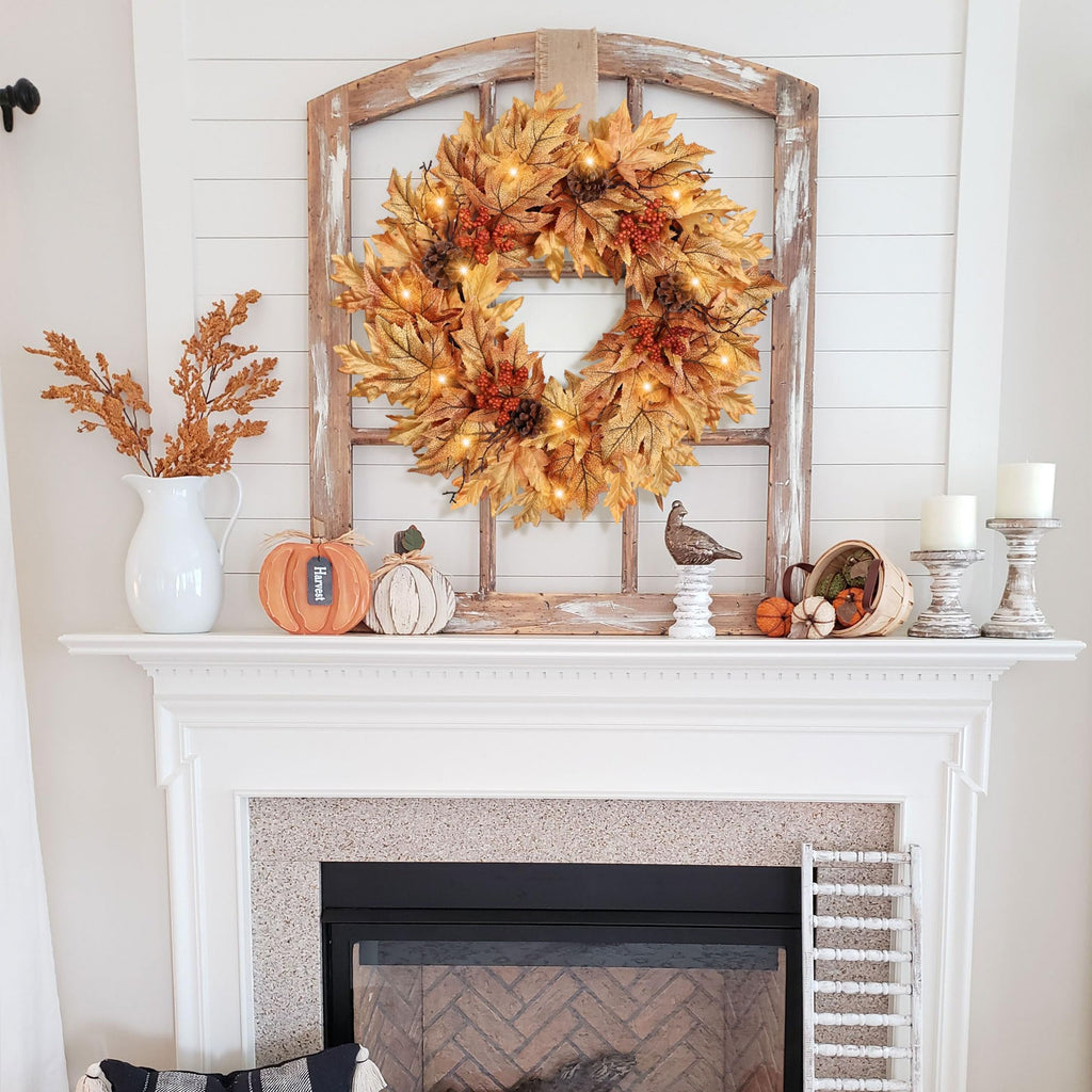 24in Pre-lit Fall Wreaths for Front Door with 20 Lights & Timer