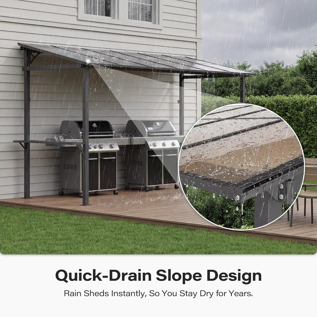 12x6 ft Hardtop Grill Gazebo, Outdoor Sloping PC Roof BBQ Patio Metal Gazebo with Shelves and Hooks