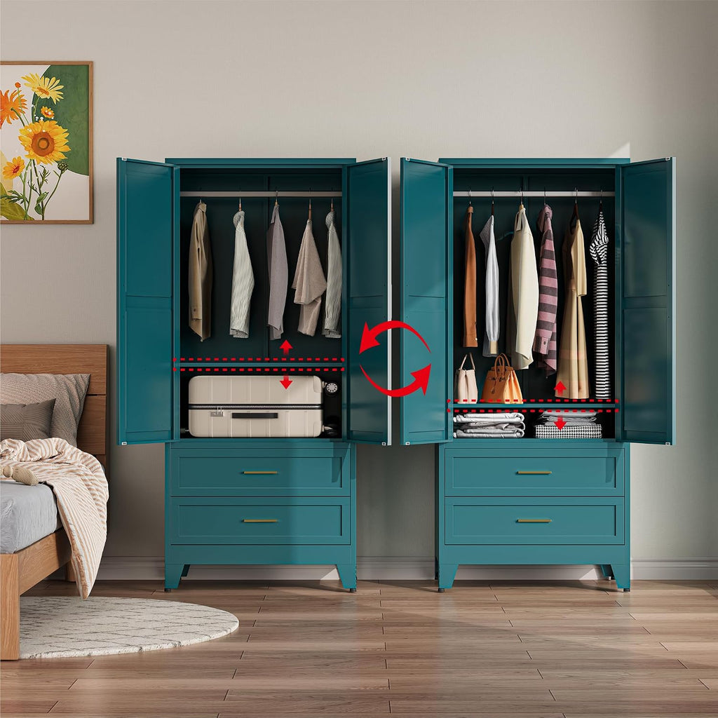 Metal Armoire Wardrobe Closet, Bedroom Armoires with Drawers | 71'' Metal Wardrobe Cabinet with 2 Doors and 2
